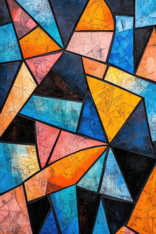 Multicolored triangles form a geometric mosaic with black outlining, creating a textured artistic pattern photo