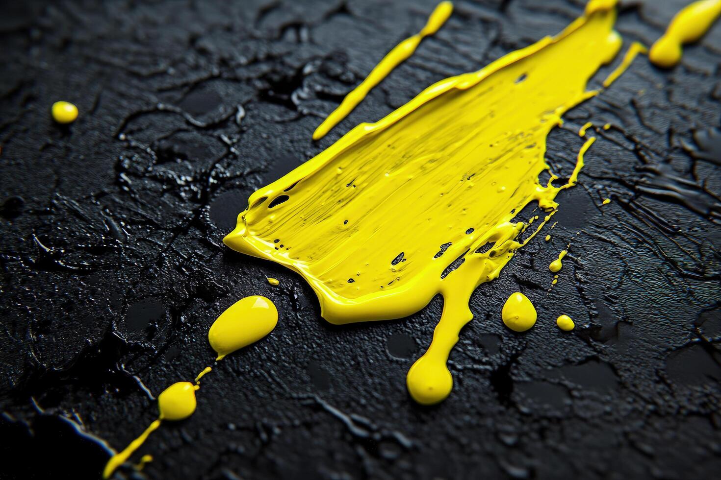 Bright yellow paint is splattered and dripping dynamically against textured black background, creating abstract patterns photo