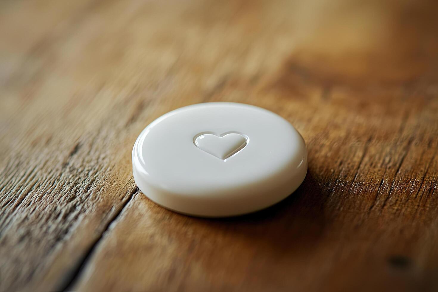 White circular button with heart indentation resting on aged rustic wooden surface shines subtly photo