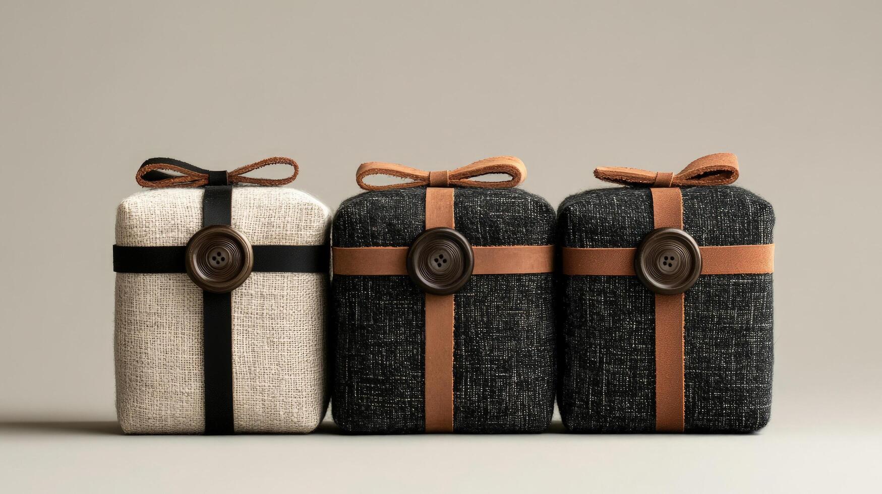 Three textured fabric boxes feature ribbon closures and large buttons against a plain background photo