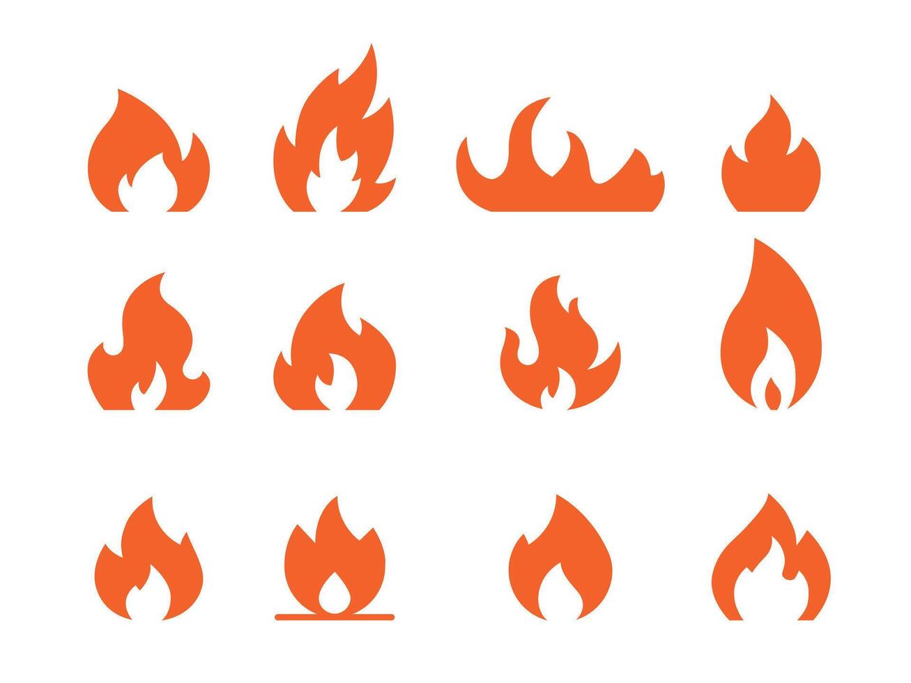 Fire icons set. symbols featuring flame, bonfire, fireplace, candle, lighter, torch, spark, smoke, and safety signs. Ideal for apps, web, UI, infographics, and print vector