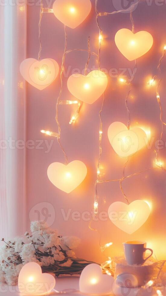 Pastel colored heart string lights creating soft, glowing illumination with gentle, romantic ambiance photo