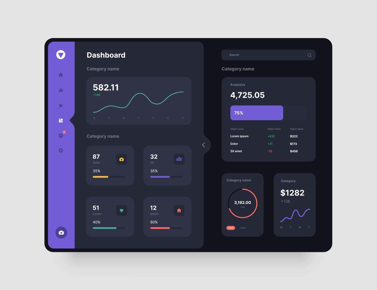 Dashboard Design. App interface with UI and UX elements. Use design for web application, desktop or website. Dark mode. vector