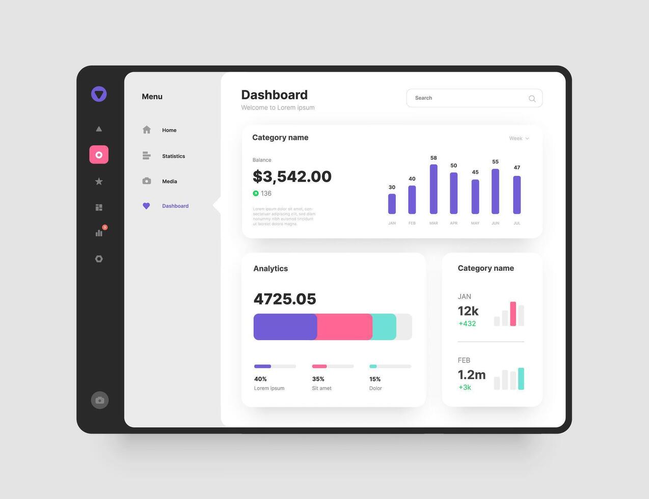 App interface with UI and UX elements. Use design for web application, desktop app or website. Dashboard Design. vector