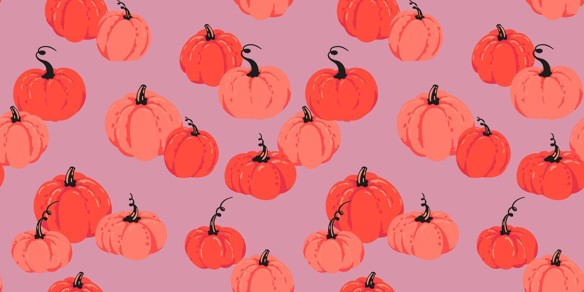 Seamless pattern with hand drawn pumpkins in coral and red tones on a soft mauve background. Playful and modern autumn design for seasonal decor, packaging, and fabric vector