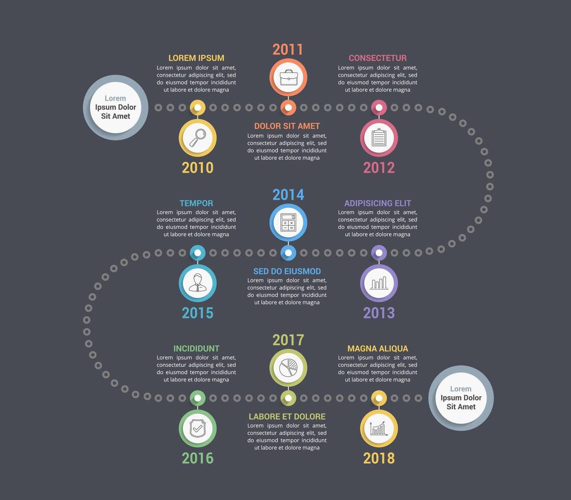 Timeline infographics template with 9 steps, workflow, process, history diagram vector