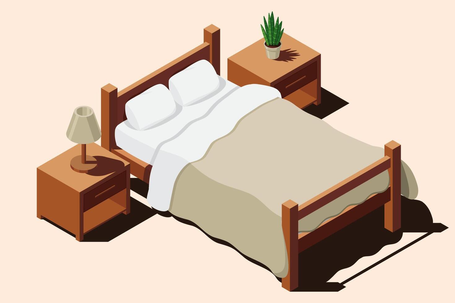 isométrica cama con cabecera mesas. dormitorio interior con cama, mesitas de noche y noche lámpara. isométrica dormitorio mueble. vector