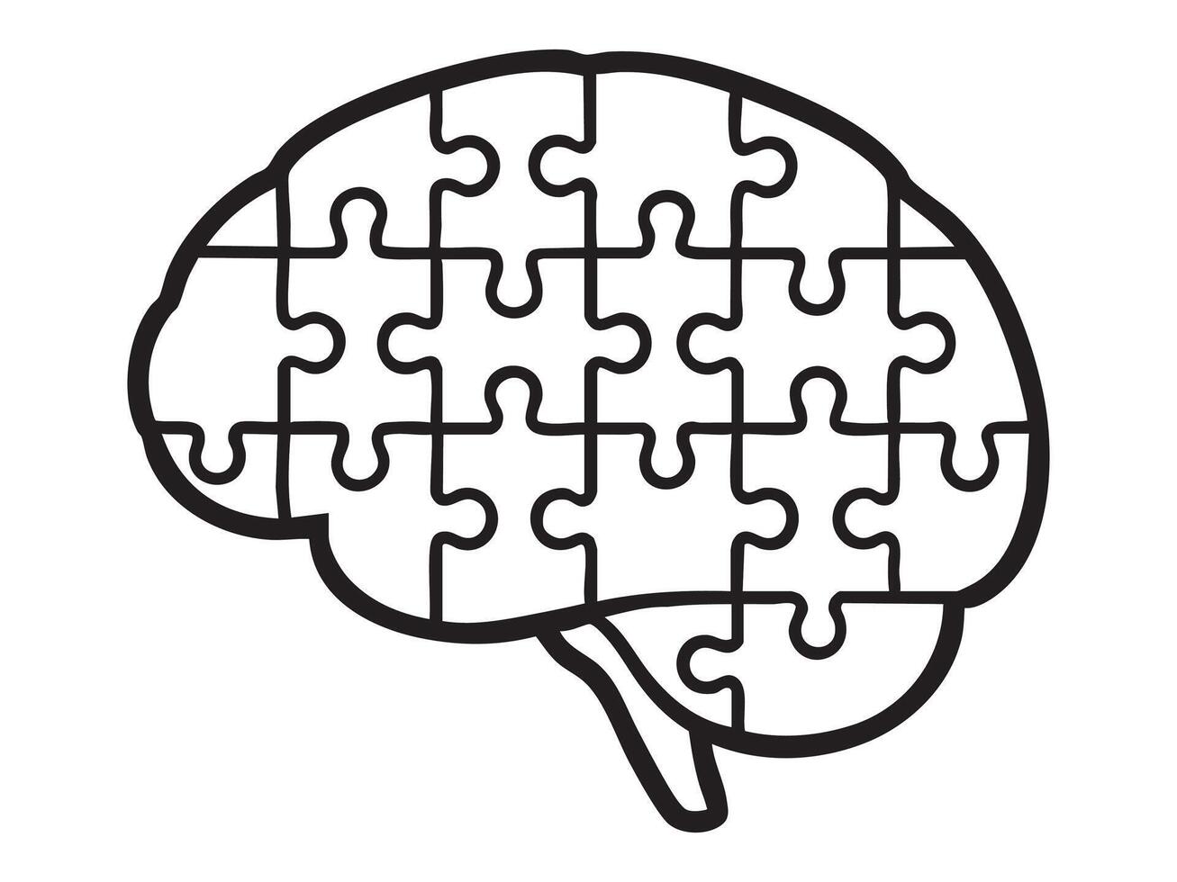 Black outline of brain shaped puzzle piece design isolated on white background. concept of mental health, intelligence, mind games, cognitive skills, education, problem solving vector