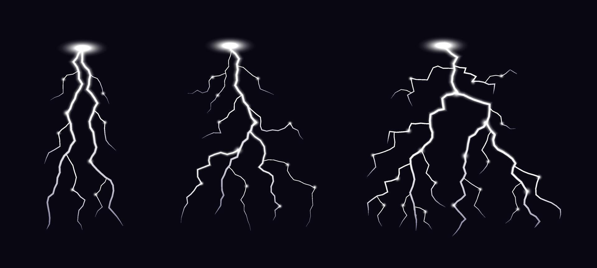 Lightning with glow. Thunderstorm lightning set. Set of lightning strike bolt silhouettes. vector