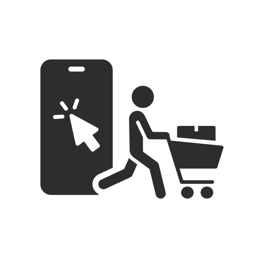 click with collect order icon, ecommerce, online shipping, phone and consumer, pick and receive cart with box, flat illustration vector