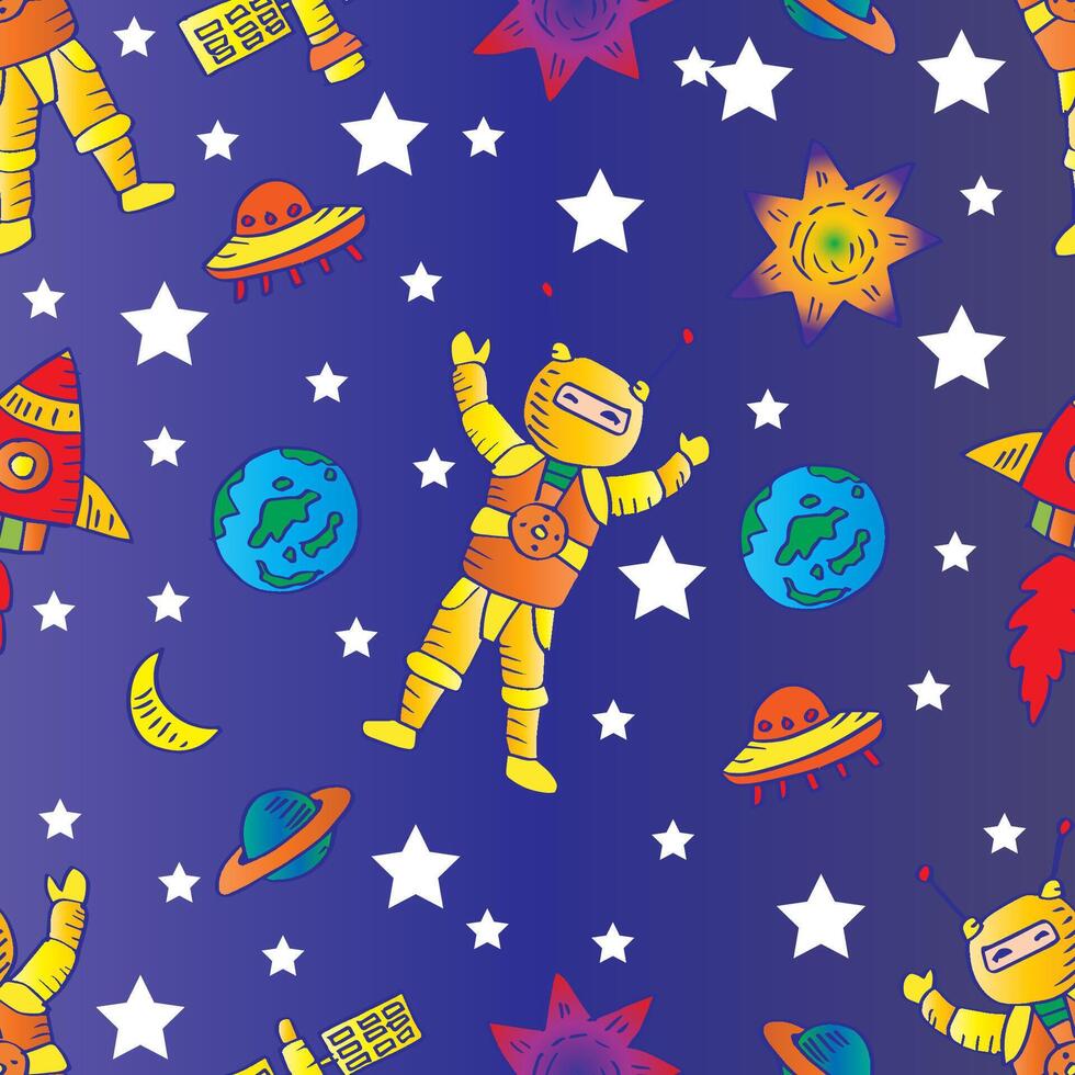 Colorful space pattern with astronauts and planets vector