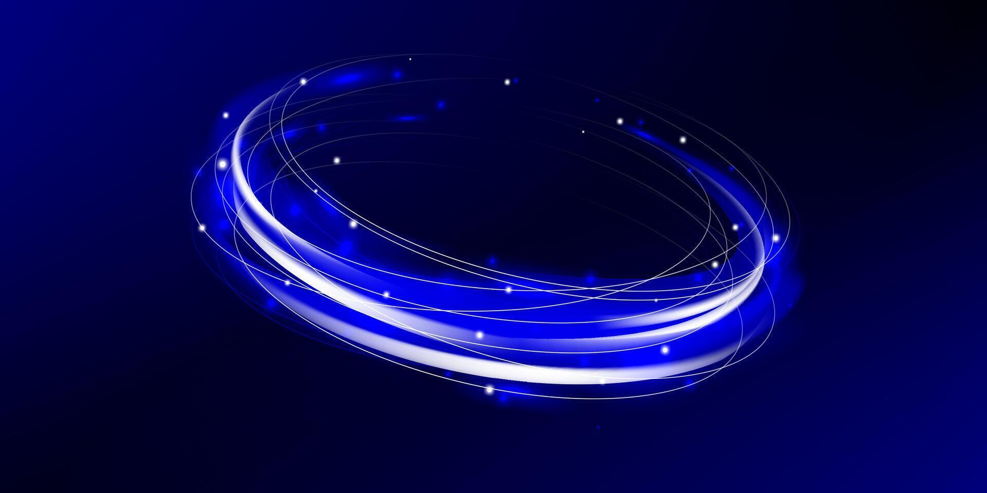 Futuristic blue neon swirl with vortex energy motion. Sparkling particle trails create glowing circular wave effect for technology backgrounds and sci fi templates. vector