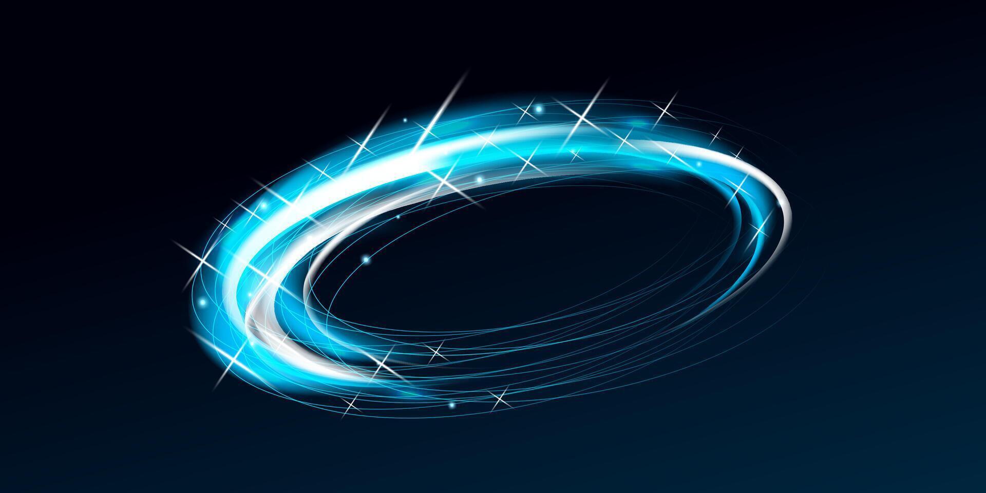 Blue neon circle with glowing light trails and wave swirl. Sparkling motion lines for sci fi banners abstract space art or modern tech illustrations. vector