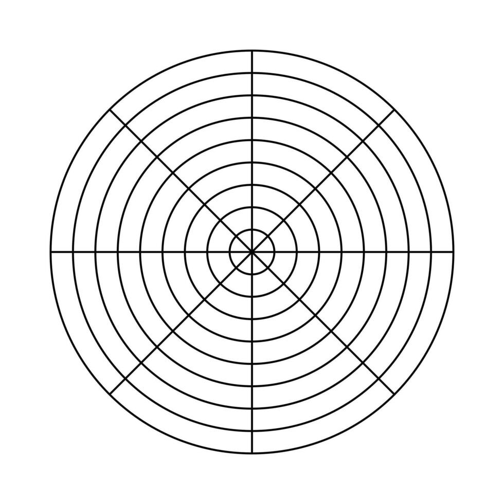 Polar grid of 8 segments and 8 concentric circles. Blank polar graph paper. Circle black diagram of life style balance. Wheel of life template. Coaching tool for visualizing all areas of life. vector