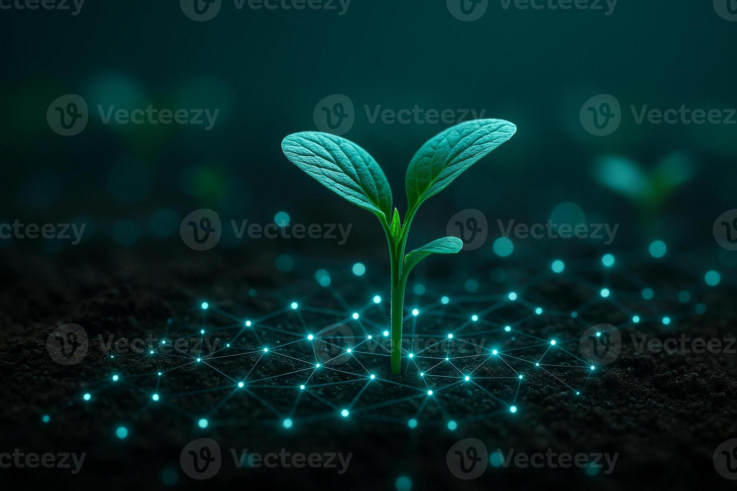 image of a small green seedling emerging from dark moist soil with glowing digital grid representing sensor network for smart agriculture and real time data integration photo