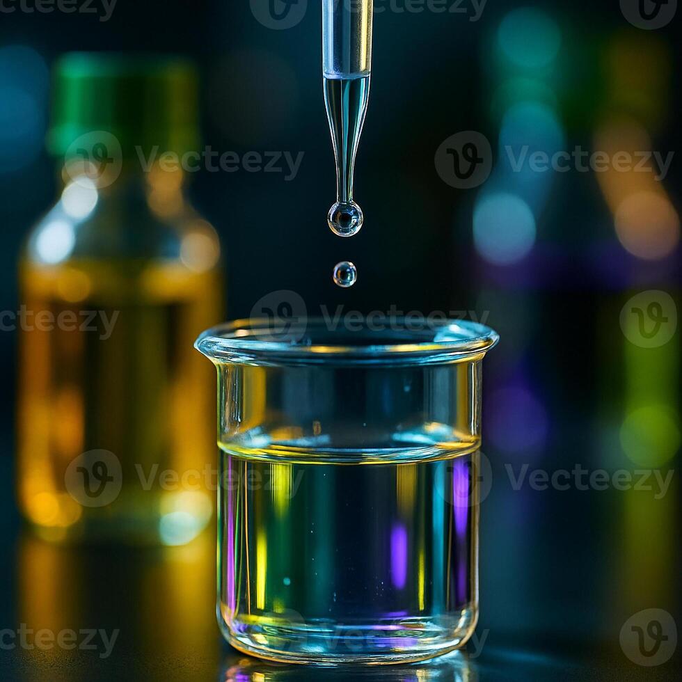 close up of pipette releasing droplet into beaker with colorful liquids in scientific laboratory bokeh background symbolizing precision research and innovation photo