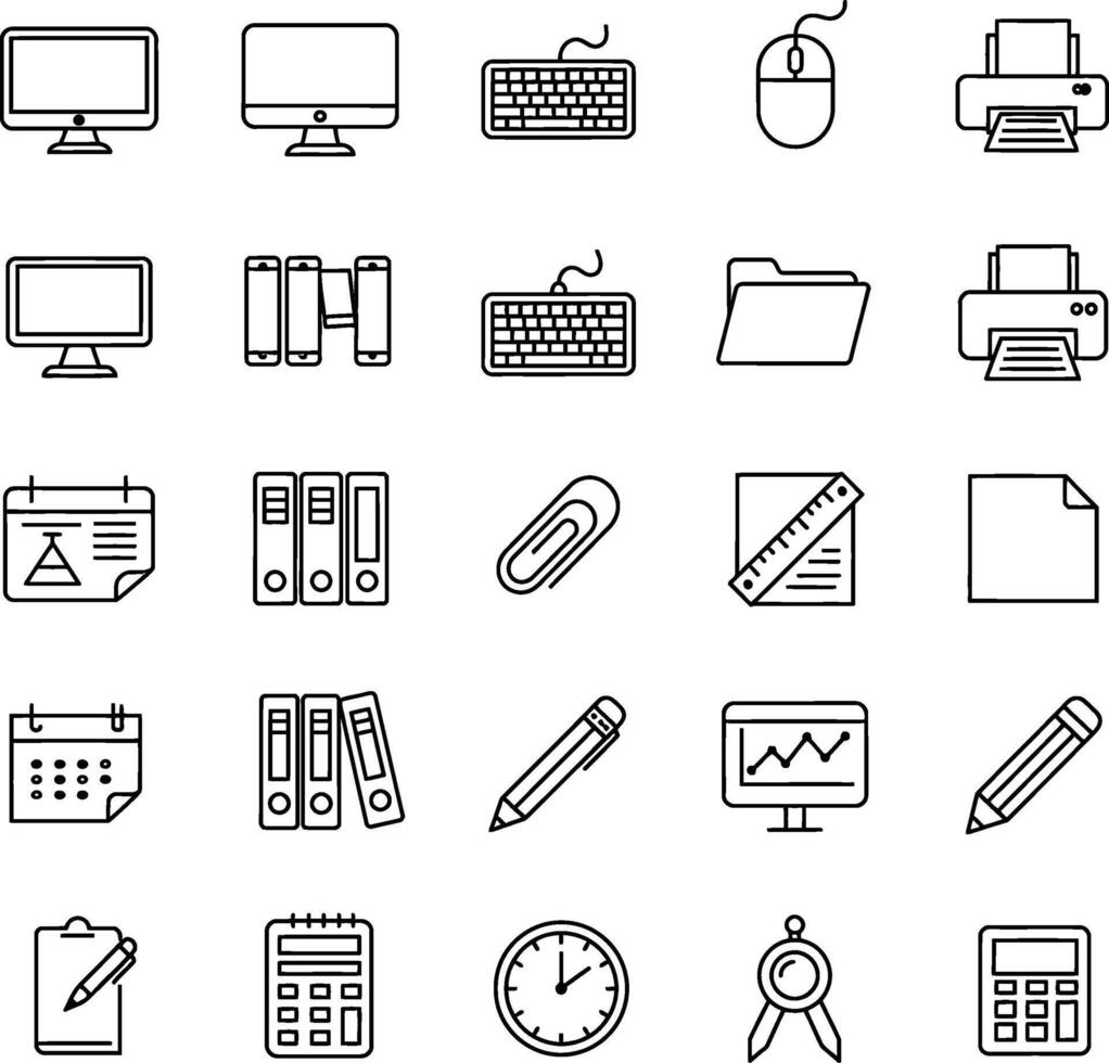 Collection of black outline icons for office and technology items computer monitor desktop computer vector