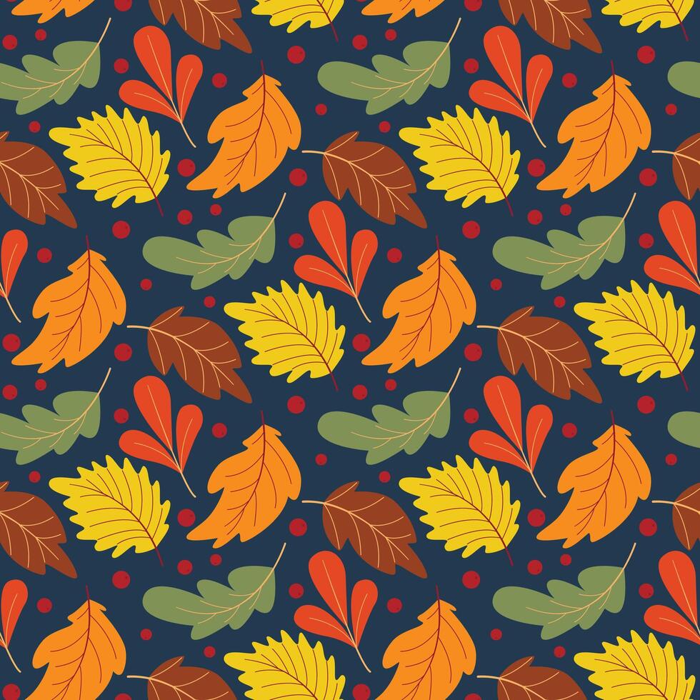 Autumn forest seamless pattern with colorful tree leaves and cranberry berries vector