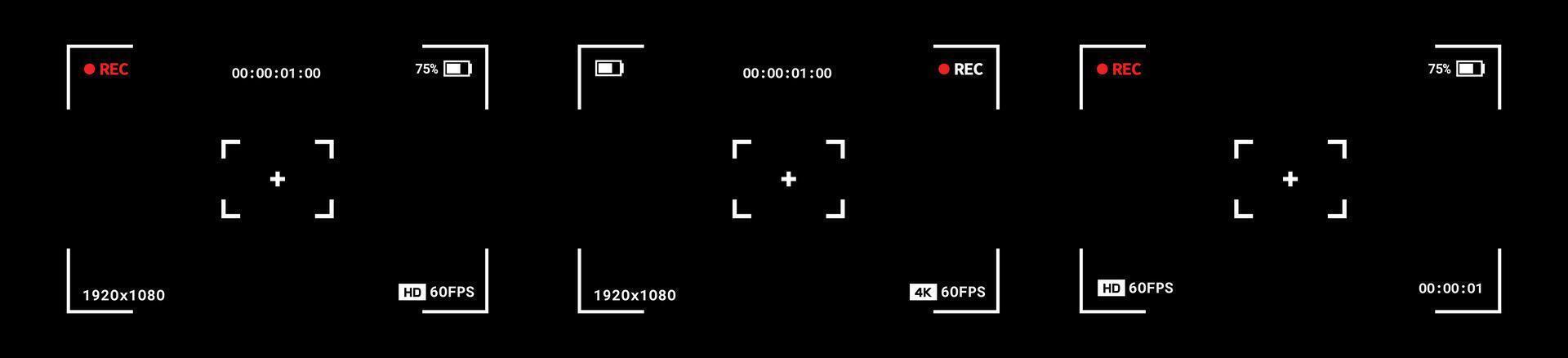 Camera viewfinder frame collection. Horizontal templates displayed on dark background. recording screen in 4K phone resolution. vector
