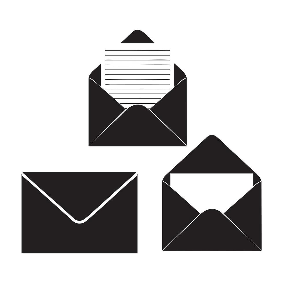 Black silhouette icons of an open envelope with paper a closed envelope and an open envelope with a blank sheet vector
