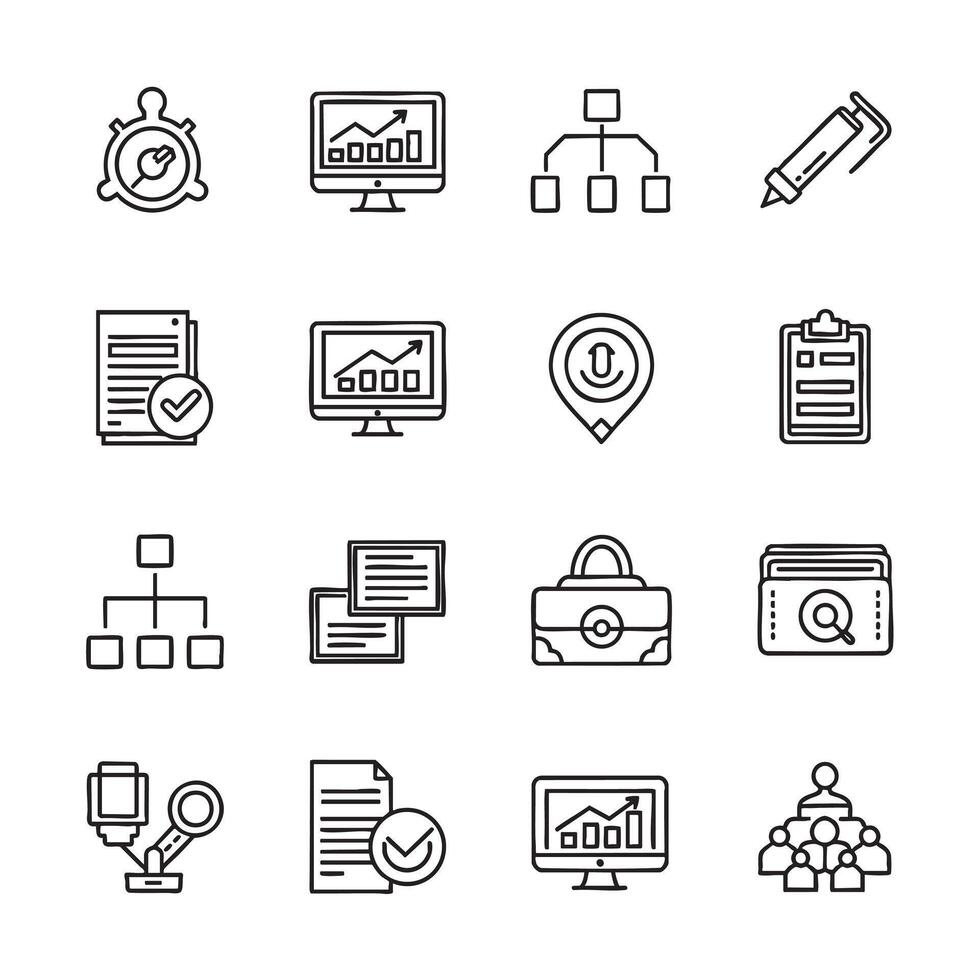 Business and workflow icons including charts graphs organizational structure documents and analysis tools vector