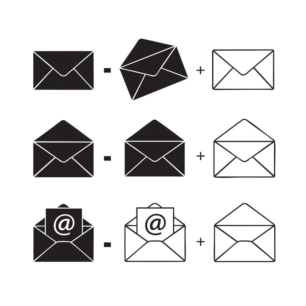 Sequence of Black and White Envelope Icons Illustrating Email Sending Process message communication vector