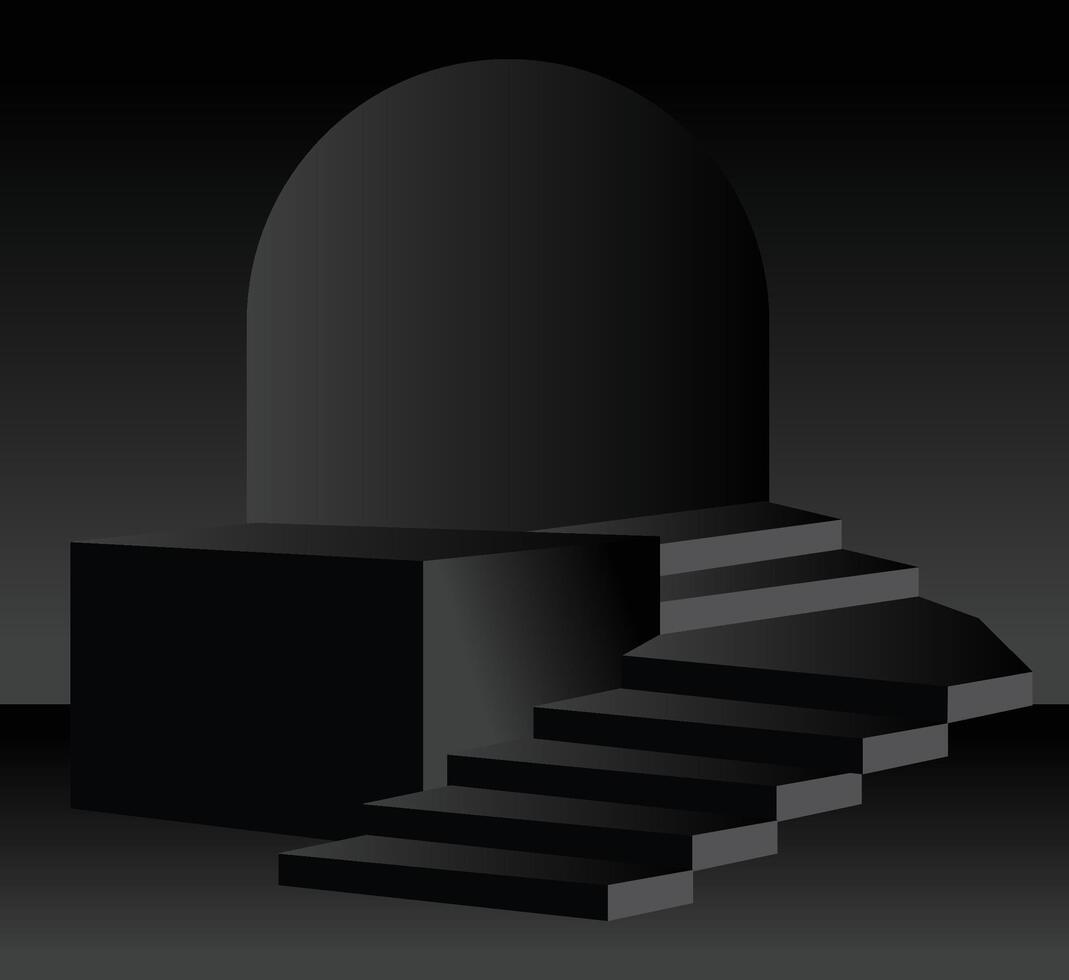 Black Cube Podium with Semi-Circular Staircase for Product Display vector
