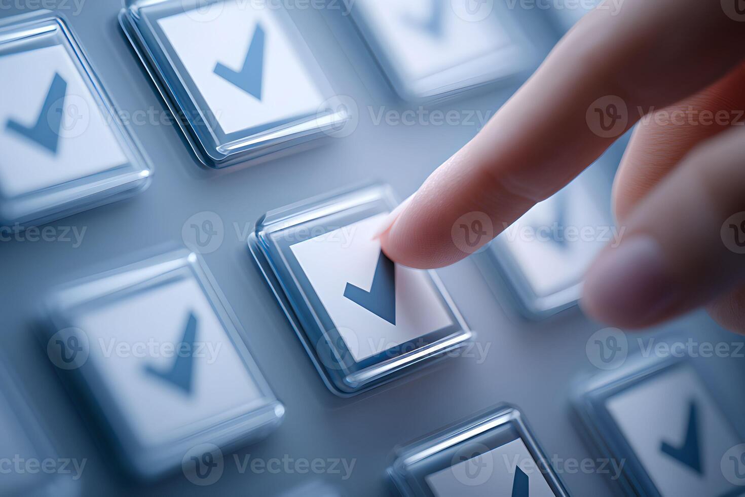 A person is pressing a check mark button on a computer screen photo