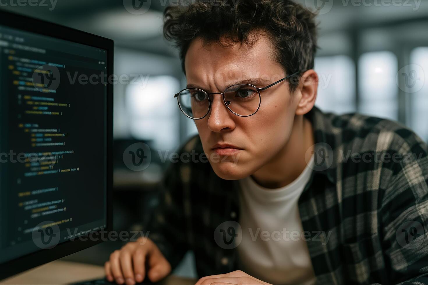 Focused Young Programmer Debugging Code on Computer Monitor in Modern Office Setting photo