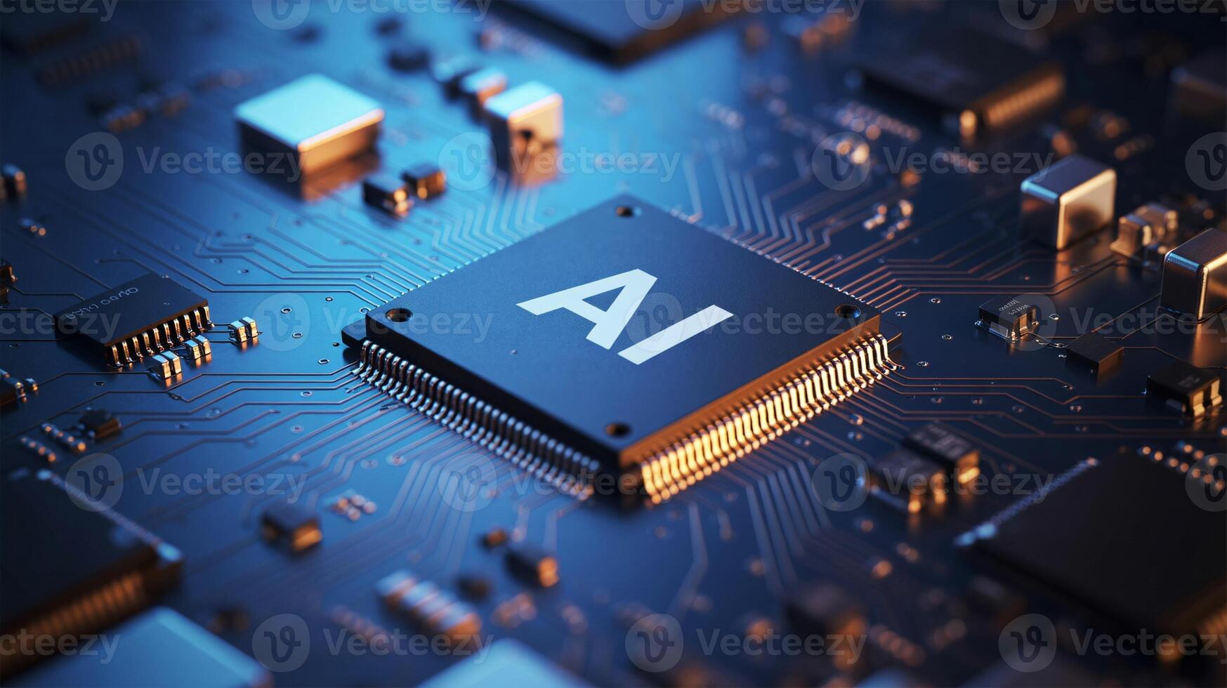 Close up of a computer chip labeled 'AI', surrounded by intricate circuit pathways and glowing elements. photo