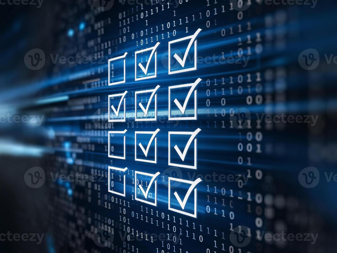Conceptual image of digital checklists symbolizing progress with blue binary coding in the background. photo