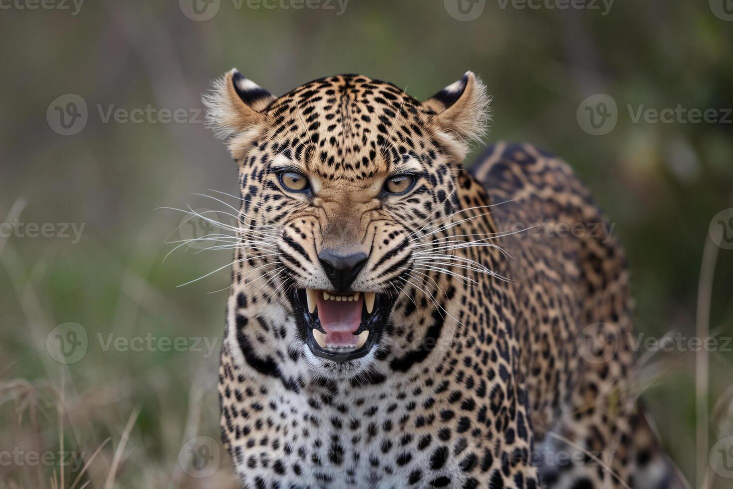 Close-up of a fierce leopard displaying its sharp teeth in a fierce expression. photo