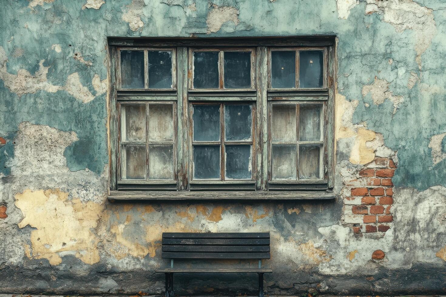 A bench sitting in front of a window with a broken window photo