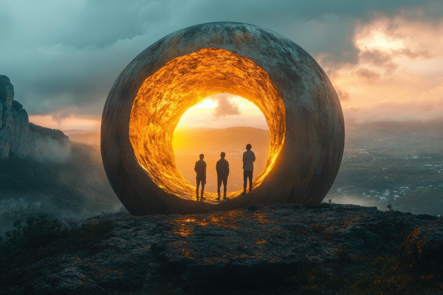 Three people stand in front of a large circular object photo