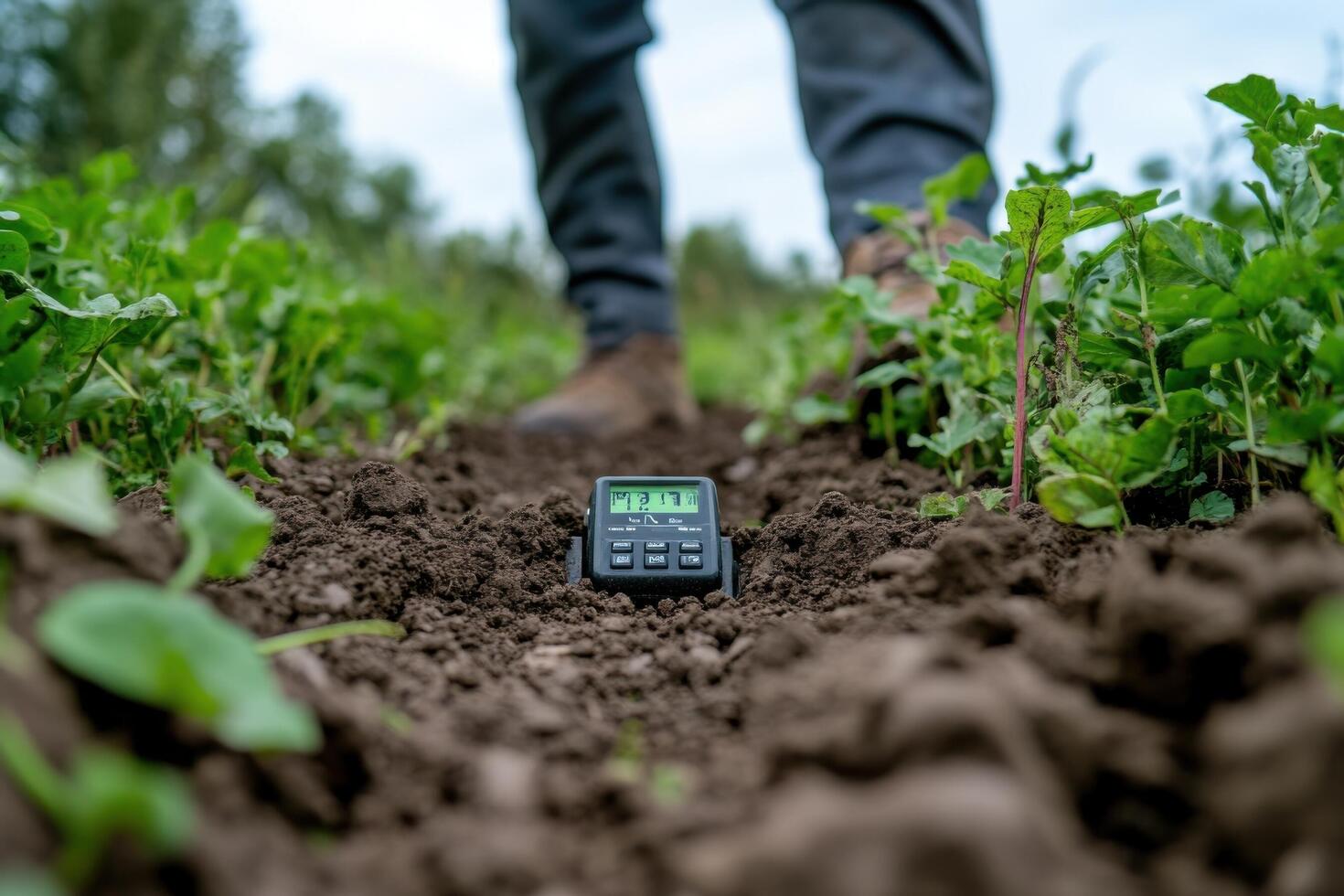 A person walking in a field with a digital device photo