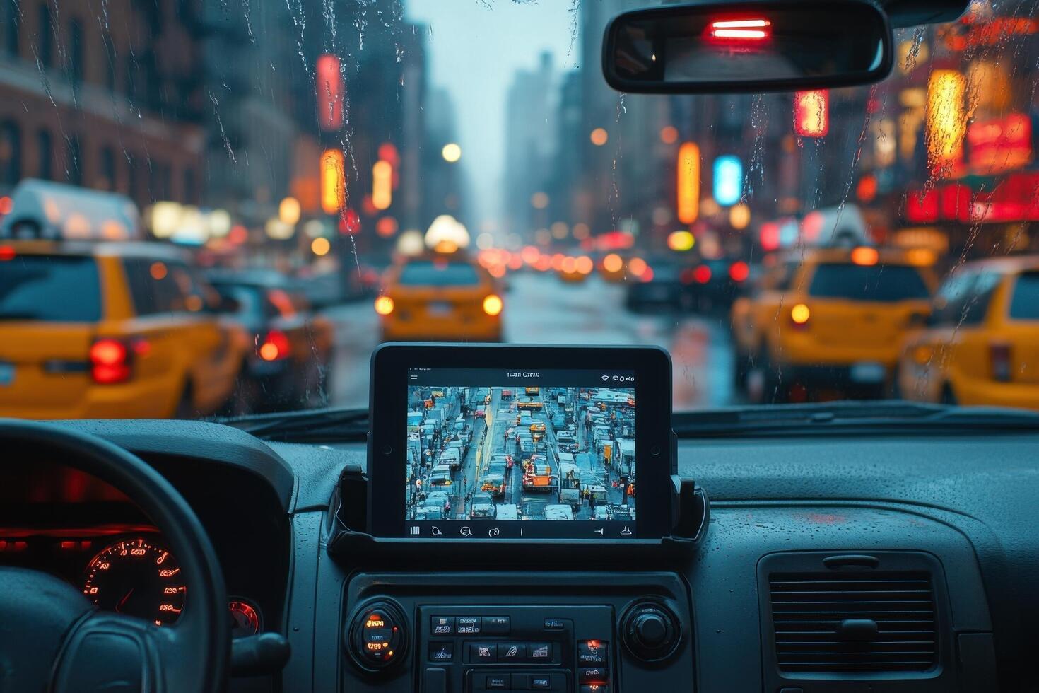 A view of the dashboard of a car on a rainy day photo