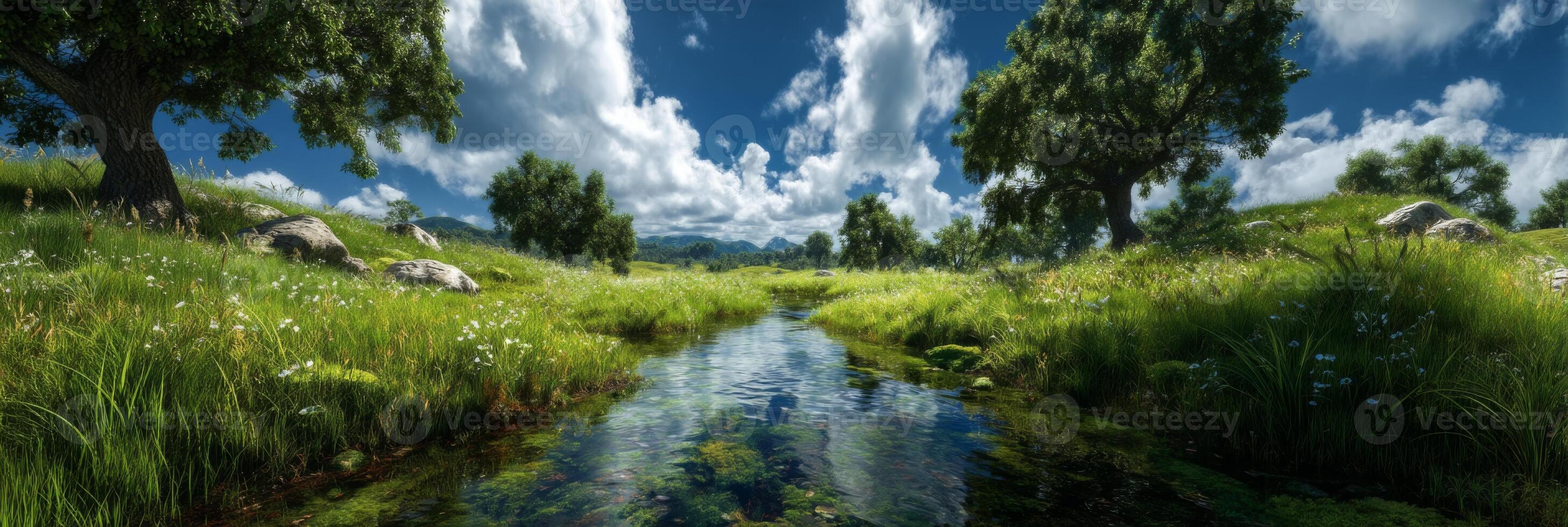 Serene Landscape with Green Grass, Flowing Stream, Blue Sky, and Fluffy Clouds in a Picturesque Natural Setting photo