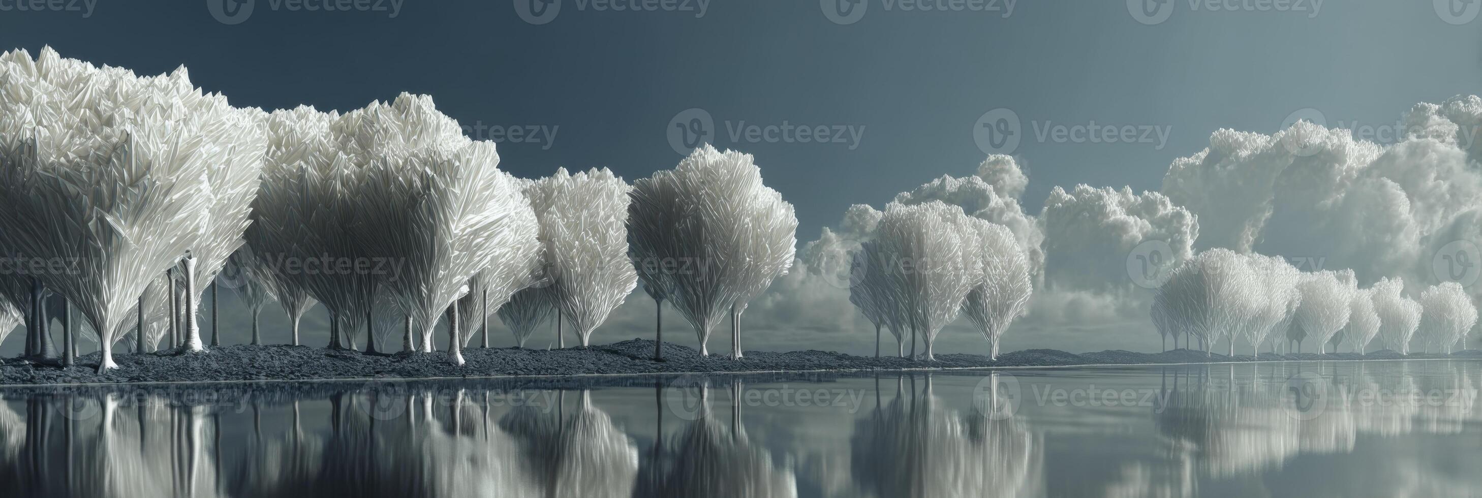 Ethereal Landscape with Frosted Trees, Reflective Water and Soft Clouds Under a Clear Sky in a Serene, Dreamlike Environment photo