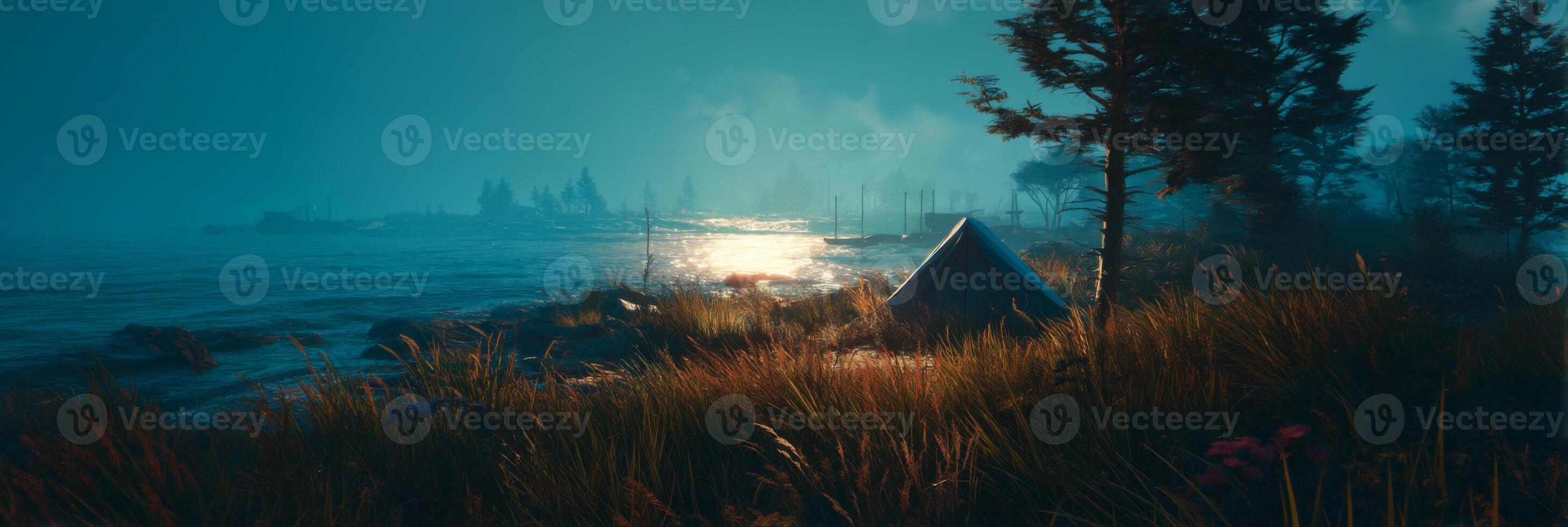 Serene Camping Scene at Dusk by a Water Body Surrounded by Tall Grass and Trees with Gentle Reflections on the Surface photo