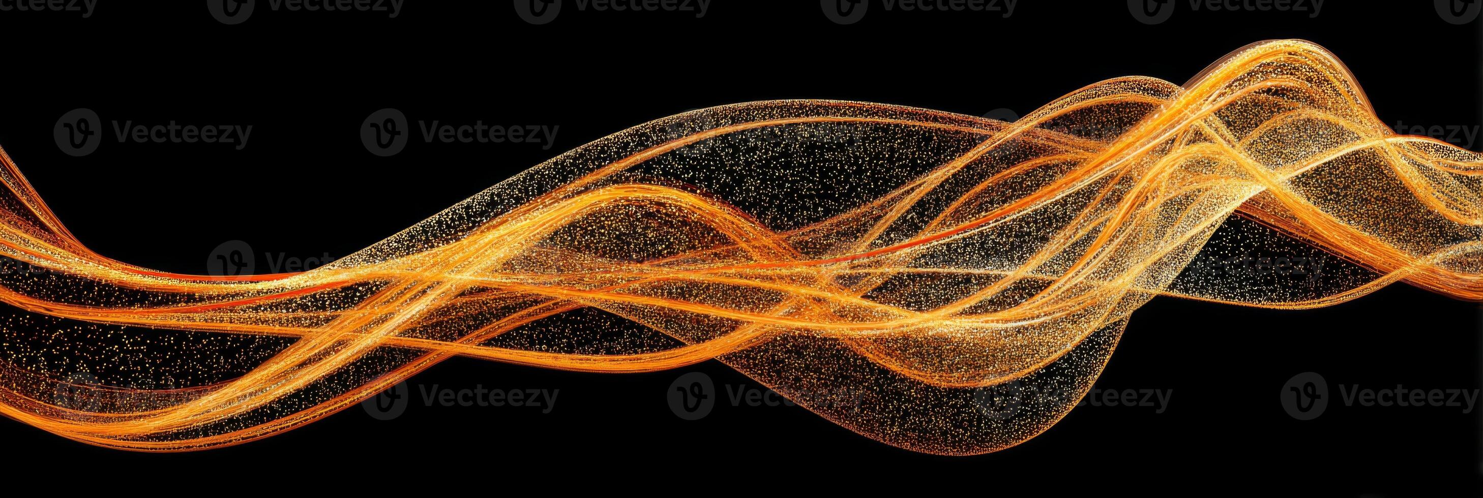 Abstract golden wave on black background with shimmering particles for artistic and design projects, digitally created artwork photo