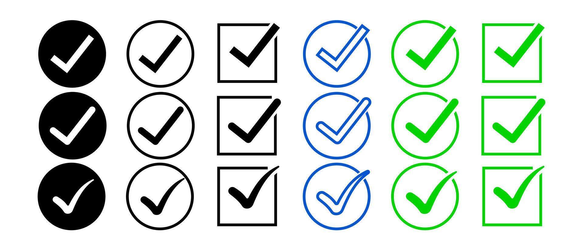 Isolate Check mark icon set, Outline Tick button symbol, Blue and Green vote and Testing symbol, Choice, Check list graphic elements, Approve, Confirm icons for business and Testing. vector