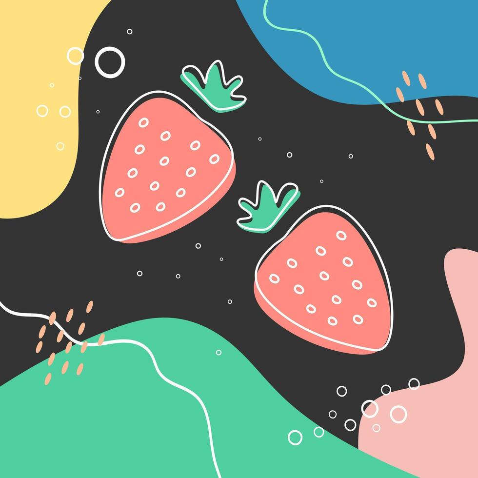 Abstract background with strawberries, shapes and scribbles. Hand drawn strawberry berries vector
