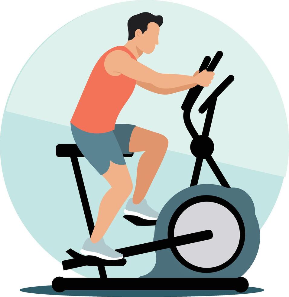 Person exercising on elliptical trainer, wearing red tank top and blue shorts, is depicted in minimalist style. background is simple circular design, emphasizing fitness and health vector