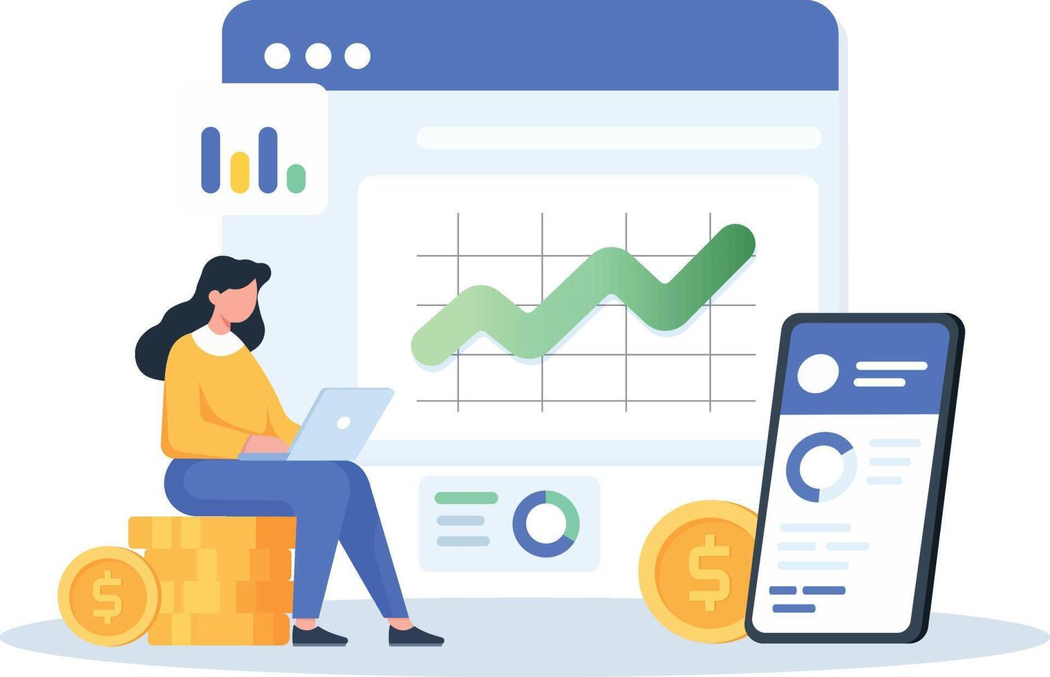 Woman working on laptop is seated next to stack of coins, with large screen displaying rising graph and smartphone showing financial data, symbolizing financial growth and analysis vector