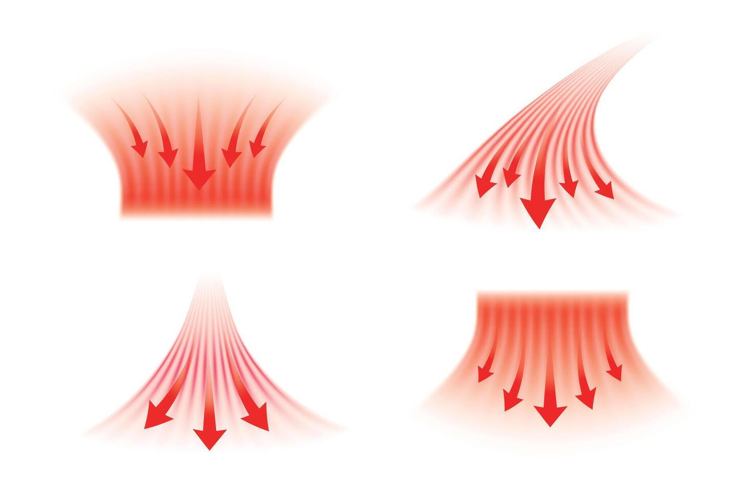 Set of hot airflow streams with arrow on white background. Illustration for air conditioning and heating systems. vector