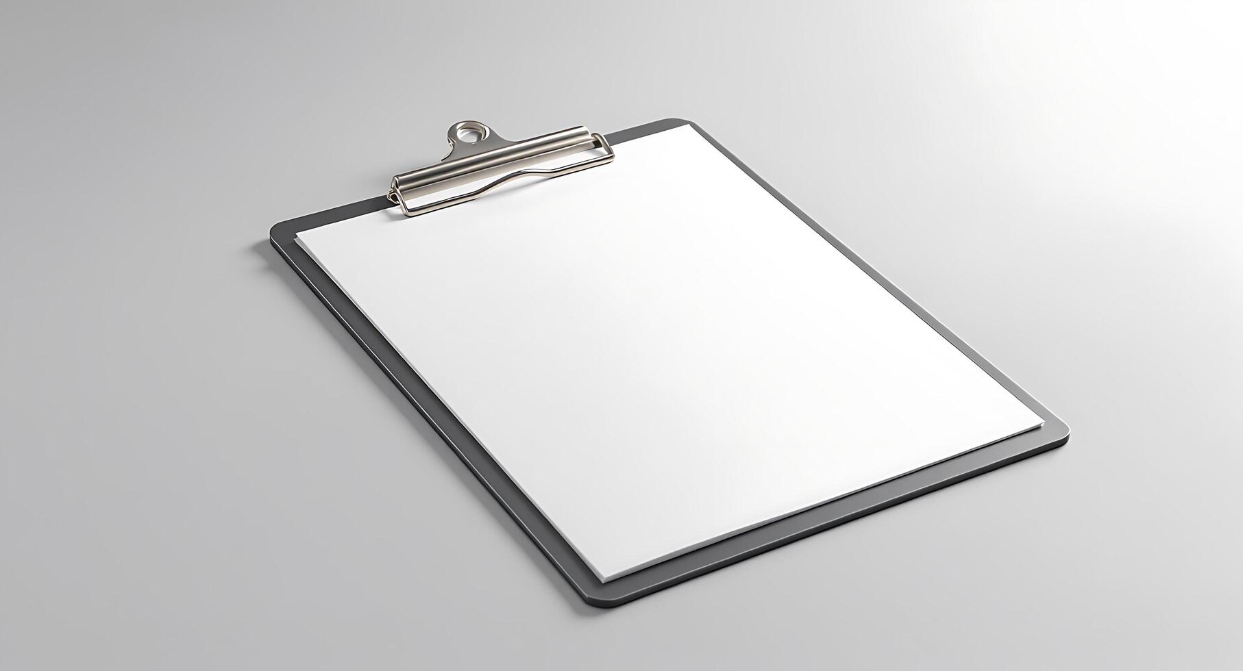 A clean, blank clipboard with a white sheet of paper, ready for text or design on a neutral gray background with ample copy space. Ideal for mockups. photo