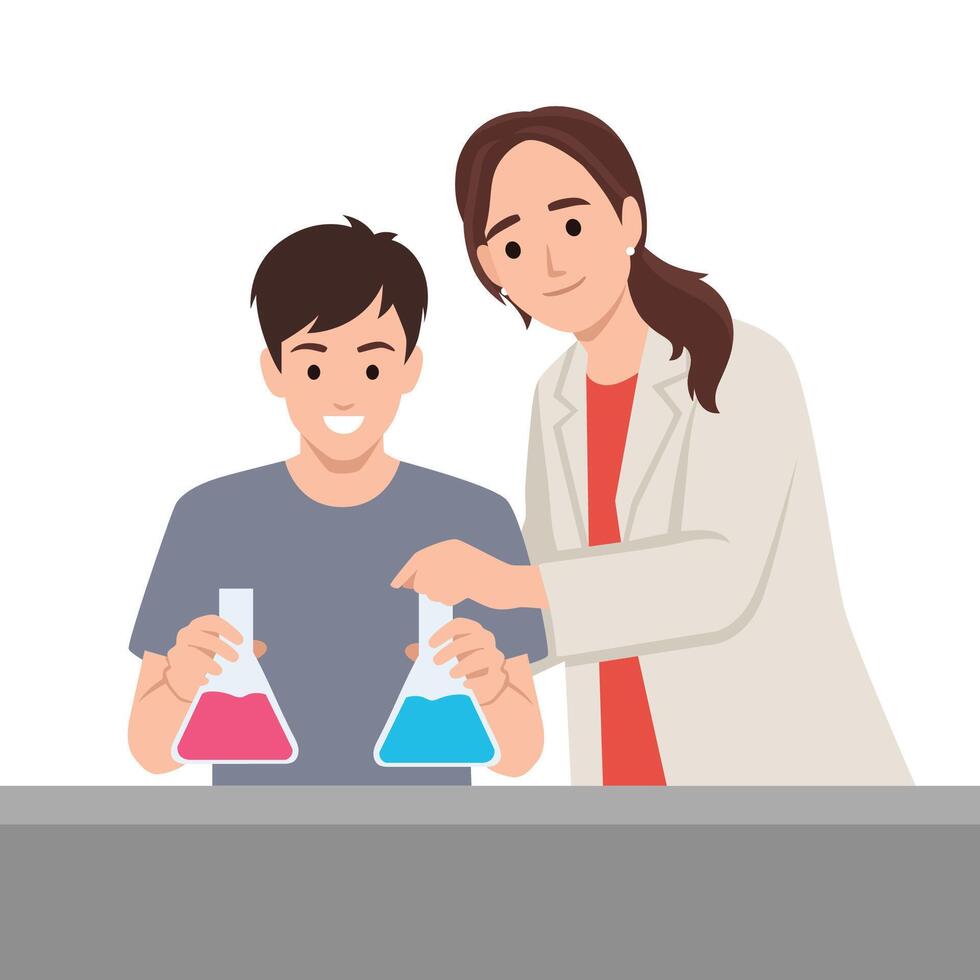 Professor supervises a smiling student mixing colorful liquids in a science lab. vector