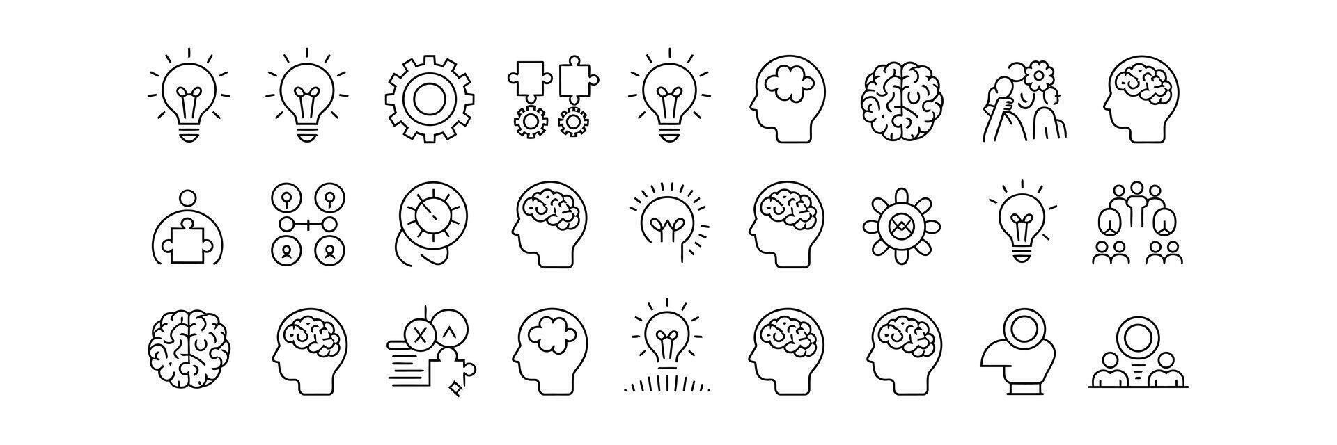 Idea Generation Outline Icons Set with Brains, Lightbulbs, Gears on Transparent vector