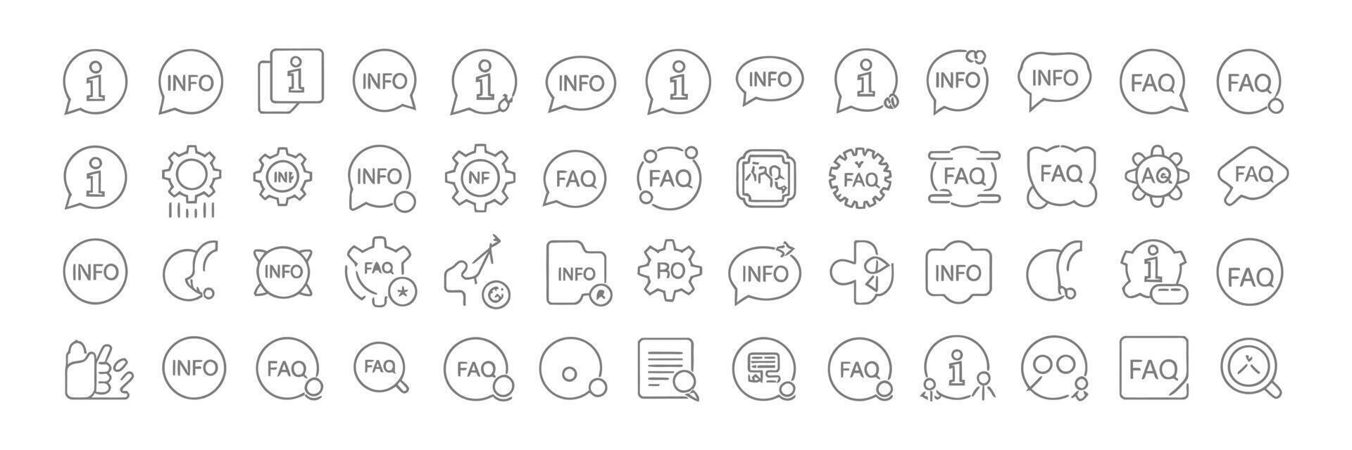 Outline style Info and FAQ icons collection on a transparent background, icons vector