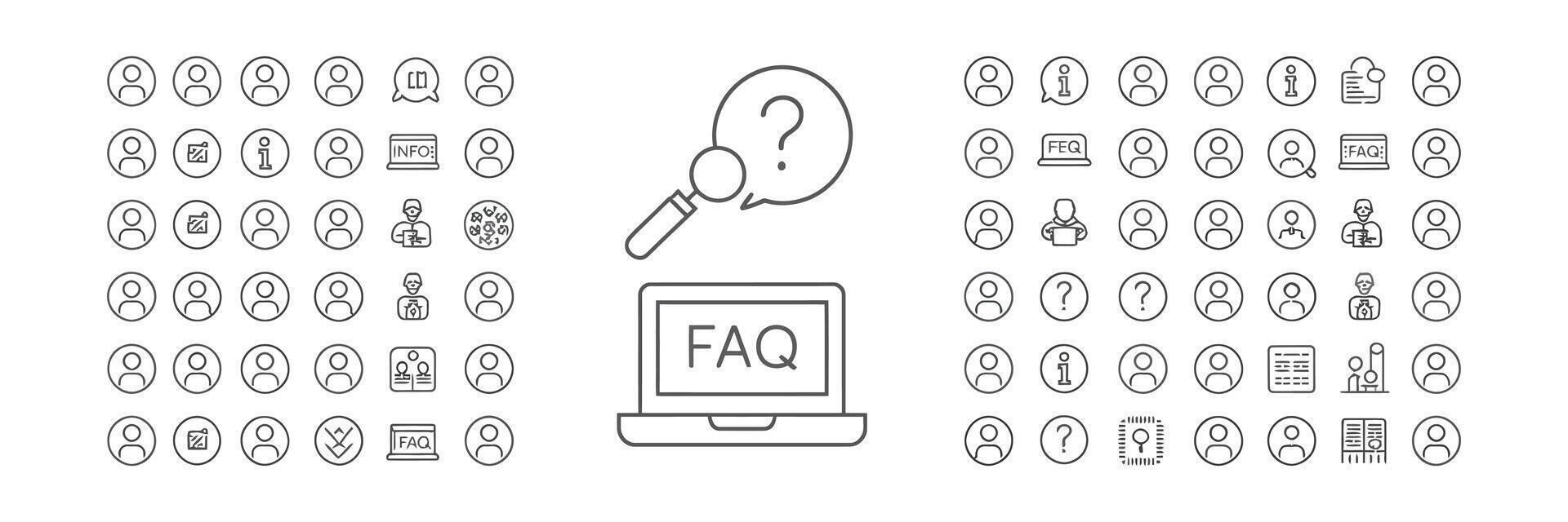 FAQ on Laptop Outline Icon Set with Question Mark in Speech Bubble on White vector